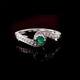 Solid 18K White Gold Round Natural Emerald Bypass Ring | Vibrant Green Gemstone Wave Band with Pavé Diamond Accents | Elegant May Birthstone Jewelry