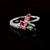 Solid 18K White Gold Asymmetric Tourmaline Cluster Ring | Pink Marquise and Bi-Color Green Baguette Multi-Gemstone Modern Bypass Band for Women [Candere by Kalyan Jewellers,