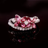 Solid 18K White Gold Pink Tourmaline Floral Cluster Ring | Marquise Cut Natural Pink Sapphire Botanical Bypass Ring with Round Diamond Accent