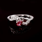 Solid 18K White Gold Pear-Cut Pink Tourmaline Bypass Ring | Vibrant Teardrop Rhodolite Garnet Wave Band with Pavé Diamond Accents | Fine Luxury Stacking Jewelry