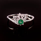 Solid 18K White Gold Natural Green Emerald Lotus Ring | Round Gemstone Floral Crown Ring with Pavé Diamond Accents | Elegant May Birthstone Jewelry
