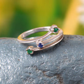 Solid 18K Gold Asymmetric Three-Stone Bypass Ring | Natural Green Emerald and Blue Sapphire Floating Gemstone Wrap Jewelry for Women | Luxury Fine Gift [Candere by Kalyan Jewellers,