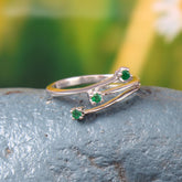 Minimalist 18k GoldThree-Stone Open Wrap Ring | Natural Round-Cut Green Emerald Statement Jewelry for Women | May Birthstone Gift