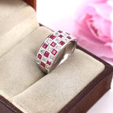 Natural Ruby and Diamond Ring in 14k White Gold, Wide Band Checkerboard Mosaic Ring, Princess Cut Gemstone Wedding Anniversary Band, Gift for Her