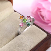 Natural Multi Tourmaline Ring in 14k White Gold, Colorful Gemstone Cluster Ring, Diamond Halo Starburst Band, Unique Gift for Her