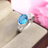 Natural Swiss Blue Topaz Ring, 14k White Gold Ring, Oval Cut Blue Gemstone Statement Ring, Vintage Anniversary Ring, Handmade Gift for Her (Copy)