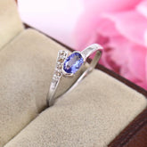 Natural Oval Tanzanite Ring, 14k White Gold Diamond Ring, Delicate Bypass Wedding Band, Vintage Unique Anniversary Ring, Handmade Gift for Her