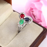 Natural Ruby Emerald Sapphire Ring, 14k White Gold Diamond Three Stone Ring, Multi Gemstone Clover Statement Ring, Unique Mother's Day Gift for Her