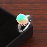 Natural Ethiopian Opal Ring in 18k White Gold, Large Oval Cabochon Opal Statement Ring with Diamond Accents, Handmade October Birthstone Gift for Her