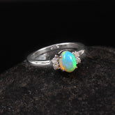 Natural Fire Opal Ring in 18k White Gold, Oval Cabochon Opal Engagement Ring with Accent Diamonds, Handmade Anniversary Ring, October Birthstone Gift