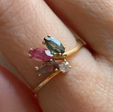 Natural Multi-Gemstone Cluster Ring, Marquise Tourmaline and Round Diamond Ring, 14k Gold Multi-Stone Ring, Unique Cluster Engagement Ring, Gift for Her