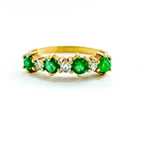 Natural Emerald and Diamond Five Stone Ring, 14k Gold Alternating Anniversary Band, Round Cut Green Emerald Ring, Stackable Wedding Band