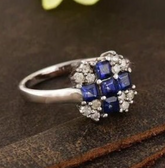 Natural Blue Sapphire Cluster Ring in 14k White Gold, Princess Cut Mosaic Engagement Ring with Genuine Diamonds, Handmade Vintage Statement Ring