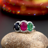 Natural Ruby Sapphire Emerald Ring, 14k White Gold Three Stone Halo Ring, Real Diamond Multi Gemstone Ring, Delicate Handmade Ring, Gift for Her