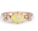Natural Opal and Diamond Ring in 14k Rose Gold, Oval Cabochon Opal Engagement Ring, Unique Cluster Wedding Band, Handmade Fine Jewelry Gift for Her