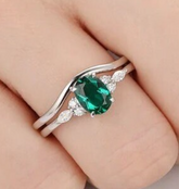 Natural Green Emerald Oval Ring Set in 14k White Gold, Cluster Marquise Diamond Engagement Ring, Curved Wave Matching Band, Handmade Fine Jewelry Gift for Mom