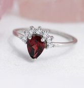 Natural Red Garnet Pear Ring in 14k White Gold, Crown Halo Diamond Engagement Ring, Pear Shaped Red Ruby Statement Band, Handmade Fine Jewelry Gift for Her