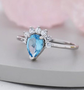 Natural Blue Topaz Engagement Ring, Pear Shaped Gemstone Ring, 14k White Gold Diamond Halo Ring, Unique Tiara Crown Ring, Anniversary Gift for Her