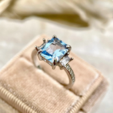 Radiant Cut Blue Topaz Engagement Ring, 14k White Gold Three Stone Ring, Cushion Cut Aquamarine Blue Gemstone Ring, Baguette Diamond Ring, Anniversary Gift