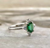 Emerald Cut Emerald Engagement Ring, 14k White Gold Art Deco Ring, Vintage Emerald and Diamond Ring, East West North South Prongs, Promise Ring for Her