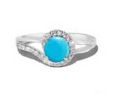 Natural Turquoise and Diamond Ring in 14k White Gold, Round Cabochon Turquoise Halo Ring, Elegant Bypass Wave Statement Ring, Gift for Her
