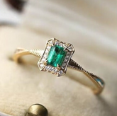 Emerald Cut Emerald Engagement Ring, 14k White Gold Art Deco Ring, Vintage Emerald and Diamond Ring, East West North South Prongs, Promise Ring for Her (Copy)