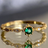 Vintage Natural Emerald Ring, 14k Gold Art Deco Stacking Ring, Delicate Round Green Emerald Promise Ring, Genuine Diamond Accent Ring for Women