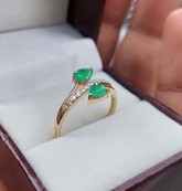 Toi et Moi Natural Emerald Ring, 14k Gold Pear Cut Emerald Bypass Ring, Two Stone Green Gemstone Ring, Genuine Diamond Wave Accent Band for Women