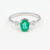 Classic Natural Emerald Ring, 14k White Gold Three Stone Engagement Ring, Oval Green Emerald Promise Ring, Genuine Pear Diamond Side Stone Ring for Women