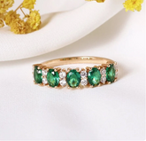 Natural Green Emerald and Diamond Half Eternity Ring in 14k Gold, Oval Cut Green Gemstone Wedding Band, Handmade Anniversary Gift for Her