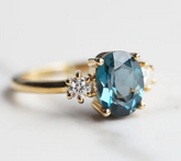 Natural London Blue Topaz and Diamond Ring in 14k Gold, Oval Cut Blue Gemstone Three Stone Engagement Ring, Handmade Anniversary Gift for Her