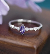 Natural Amethyst and Diamond Ring in 14k White Gold, Marquise Cut Purple Gemstone Promise Ring, Vintage Art Deco Stackable Band, Gift for Her