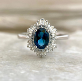 Vintage London Blue Topaz Ballerina Ring in 14k White Gold, Oval Cut Blue Gemstone Engagement Ring, Diamond & Moissanite Starburst Halo Promise Band