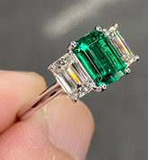 Natural Emerald Cut Green Gemstone Ring in 14k Gold, Three Stone Moissanite Engagement Ring, Classic Emerald Anniversary Band, Gift for Her