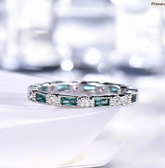 London Blue Topaz Diamond Eternity Ring 14k White Gold, Vintage Baguette Stackable Band, Milgrain Art Deco Wedding Ring, Anniversary Gift for Her