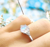 Hexagon Rainbow Moonstone Ring, Unique Geometric Engagement Ring, Vintage White Gold Cluster Ring, Handmade Moonstone Jewelry, Gift for Her