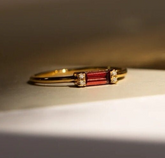 Baguette Red Tourmaline Ring, Dainty 14k Gold Diamond Stacking Ring, Minimalist Rhodolite Garnet Band, Handmade Gemstone Jewelry, Gift for Mom