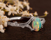 Twig Oval Opal Ring, 18k White Gold Diamond Engagement Ring, Nature Inspired Twig Bridal Set, Handmade Gemstone Jewelry, Gift for Her