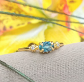Oval London Blue Topaz Ring, Dainty 14k Yellow Gold Diamond Ring, Vintage Teal Tourmaline Stacking Band, Handmade Starburst Promise Ring, Gift for Her