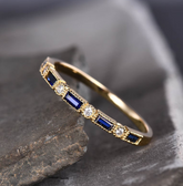 Baguette Sapphire Wedding Band, Art Deco 14k Yellow Gold Diamond Ring, Alternating Blue Sapphire Stacking Band, Vintage Milgrain Promise Ring, Gift for Her