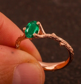 Natural Emerald Twig Ring in Rose Gold, Oval Cut Emerald Engagement Ring, Handmade Nature Inspired Diamond Ring, Unique Branch Promise Ring For Her