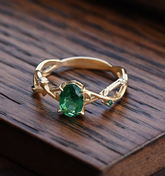 Natural Emerald Vine Engagement Ring in Yellow Gold, Oval Cut Emerald Ring with Diamonds, Delicate Leaf Promise Ring, Nature Inspired Fine Jewelry