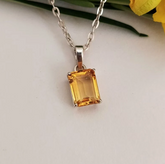 Natural Citrine Pendant, White Gold Emerald Cut Gemstone Necklace, Genuine Yellow Quartz Charm, Handmade Fine Jewelry, Special Gift for Mom
