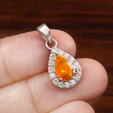 Natural Fire Opal Pendant with Real Diamond Halo | Genuine Pear Cut Opal Necklace Charm | Solid 14k 18k White Gold Fine Jewelry Gift for Her
