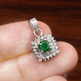 Natural Emerald Pendant, Real Diamond Double Halo Pendant in 14k White Gold, Vintage Cluster Green Gemstone Necklace, Gift for Her, Handmade