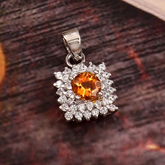 Natural Citrine Pendant in 14k White Gold, Round Cut Orange Gemstone Charm, Handmade Diamond Halo Necklace, November Birthstone Jewelry, Gift for Her