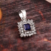 Natural Blue Sapphire Pendant in 14k White Gold, Square Cut Gemstone Pendant, Handmade Diamond Halo Necklace, September Birthstone Jewelry, Gift for Her