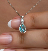 Natural Blue Topaz Cage Pendant Necklace, Sterling Silver Teardrop Pendant, Blue Gemstone Solitaire Necklace, Handmade Birthstone Jewelry Gift for Her