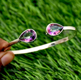 Natural Mystic Topaz Open Cuff Bracelet in Sterling Silver, Pear Cut Teardrop Rainbow Gemstone Bangle, Two Stone Layering Bracelet, Handmade Gift for Her