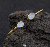 Natural Rainbow Moonstone Open Cuff Bracelet in 14k Gold, Pear Cut Teardrop Gemstone Bangle, Minimalist Blue Flash Stacking Bracelet, Handmade June Birthstone Gift